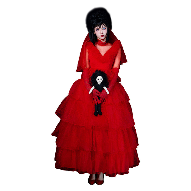 Movie Beetle Juice Lydia Cosplay Costume Red Wedding Dress Outfits Halloween Carnival Suit