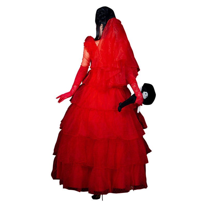 Movie Beetle Juice Lydia Cosplay Costume Red Wedding Dress Outfits Halloween Carnival Suit