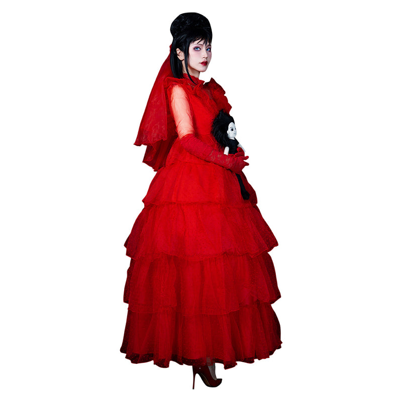 Movie Beetle Juice Lydia Cosplay Costume Red Wedding Dress Outfits Halloween Carnival Suit