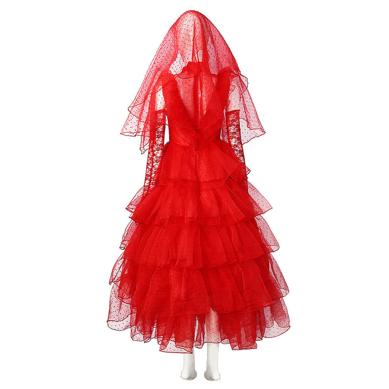 Movie Beetle Juice Lydia Women Red Wedding Dress Party Carnival Halloween Cosplay Costume