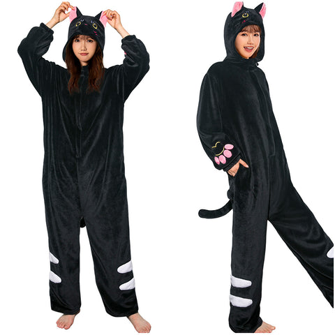 [OLAOLA] Black cat costume Pajamas Black Cute adult roomwear Soft animal costume Fuzzy winter pajamas Fluffy pajamas Flannel for both men and women Warm room Coldproof 