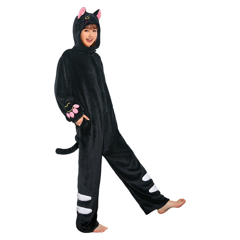 [OLAOLA] Black cat costume Pajamas Black Cute adult roomwear Soft animal costume Fuzzy winter pajamas Fluffy pajamas Flannel for both men and women Warm room Coldproof 