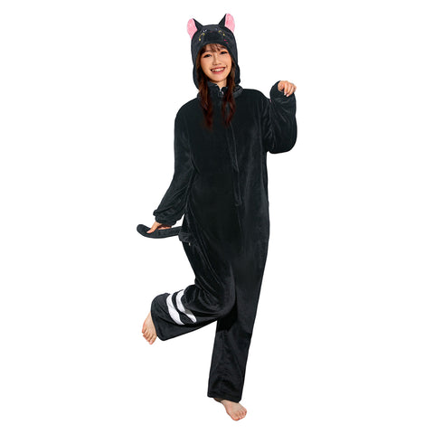 [OLAOLA] Black cat costume Pajamas Black Cute adult roomwear Soft animal costume Fuzzy winter pajamas Fluffy pajamas Flannel for both men and women Warm room Coldproof 