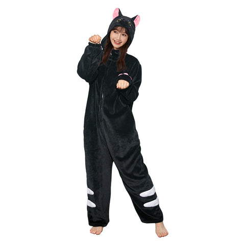 [OLAOLA] Black cat costume Pajamas Black Cute adult roomwear Soft animal costume Fuzzy winter pajamas Fluffy pajamas Flannel for both men and women Warm room Coldproof 