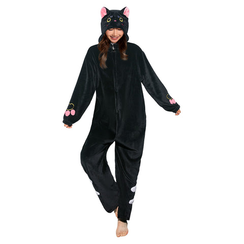 [OLAOLA] Black cat costume Pajamas Black Cute adult roomwear Soft animal costume Fuzzy winter pajamas Fluffy pajamas Flannel for both men and women Warm room Coldproof 