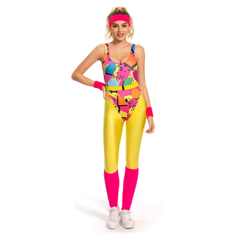 6Pcs/Set 80s 90s Legging Cosplay Costume Women Sportwear Headband Outfits Halloween Carnival Suit