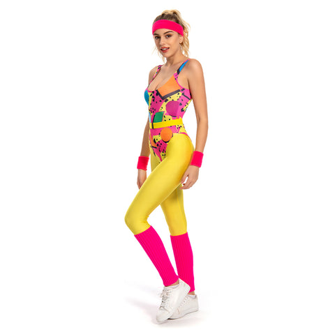 6Pcs/Set 80s 90s Legging Cosplay Costume Women Sportwear Headband Outfits Halloween Carnival Suit