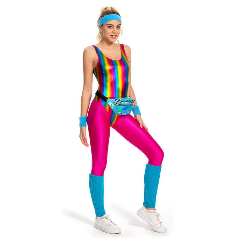 6Pcs/Set 80s 90s Legging Cosplay Costume Women Sportwear Headband Outfits Halloween Carnival Suit