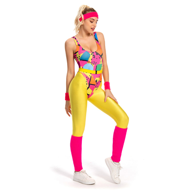 6Pcs/Set 80s 90s Legging Cosplay Costume Women Sportwear Headband Outfits Halloween Carnival Suit