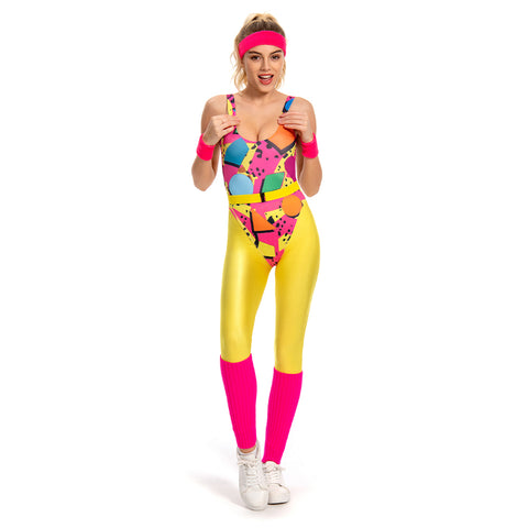 6Pcs/Set 80s 90s Legging Cosplay Costume Women Sportwear Headband Outfits Halloween Carnival Suit