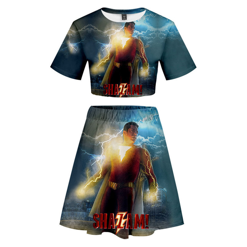 Shazam! Cosplay Costume Adult Women T-shirt Crop Top  Skirt Outfits Halloween Carnival Suit