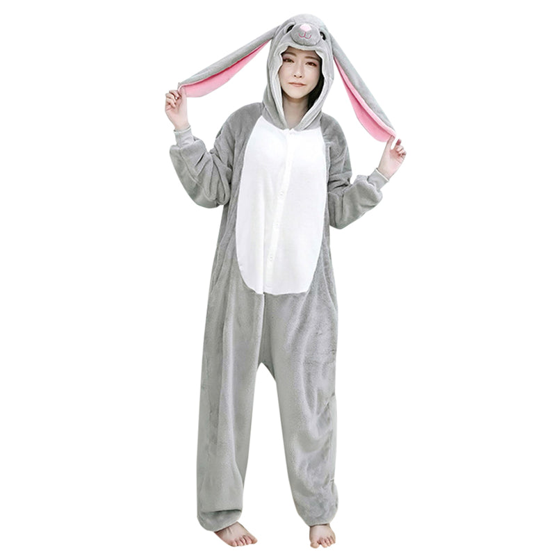 Winter Women Men Adults Pyjama Cartoon Rabbit Onesies Pajamas  Long Ear Bunny One-Piece Flannel Nightie Sleepwear