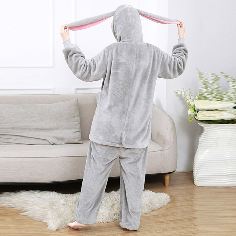 Winter Women Men Adults Pyjama Cartoon Rabbit Onesies Pajamas  Long Ear Bunny One-Piece Flannel Nightie Sleepwear