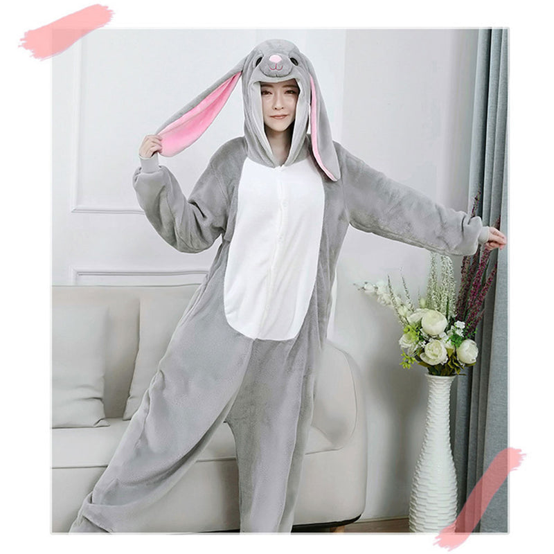 Winter Women Men Adults Pyjama Cartoon Rabbit Onesies Pajamas  Long Ear Bunny One-Piece Flannel Nightie Sleepwear