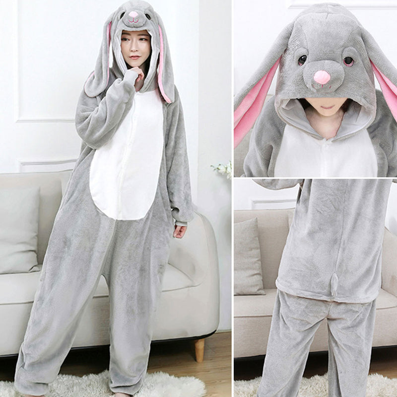 Winter Women Men Adults Pyjama Cartoon Rabbit Onesies Pajamas  Long Ear Bunny One-Piece Flannel Nightie Sleepwear