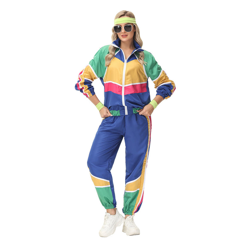 Women Retro Vintage hip-hop disco Cosplay Costume Jacket Pants Headband Sprotwear Outfits Halloween Carnival Suit