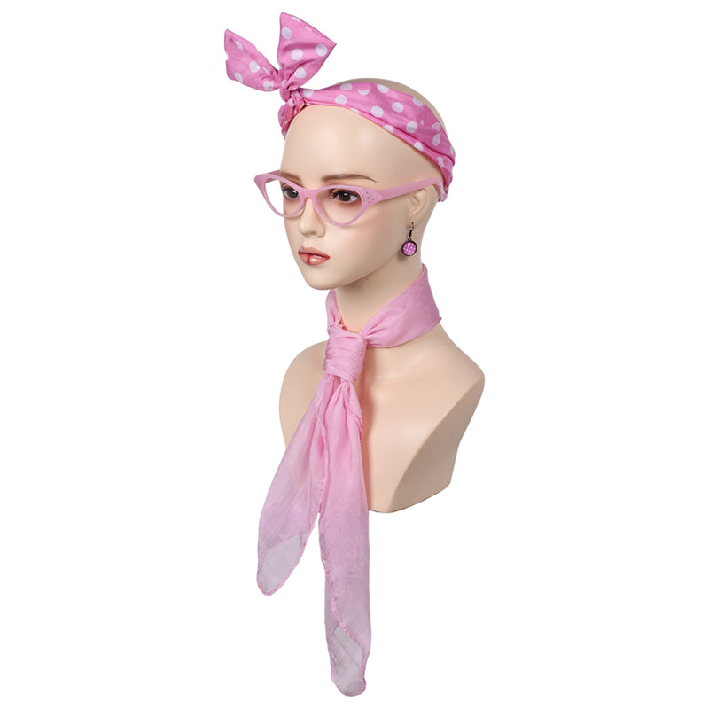 Womens Costume Accessories - 50s Chiffon Scarf Cat Eye Glasses Bandana Tie Headband Drop Dot Earrings eforpretty 1950's pink