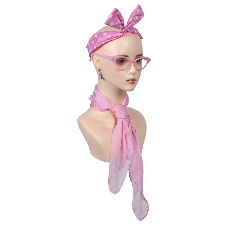 Womens Costume Accessories - 50s Chiffon Scarf Cat Eye Glasses Bandana Tie Headband Drop Dot Earrings eforpretty 1950's pink