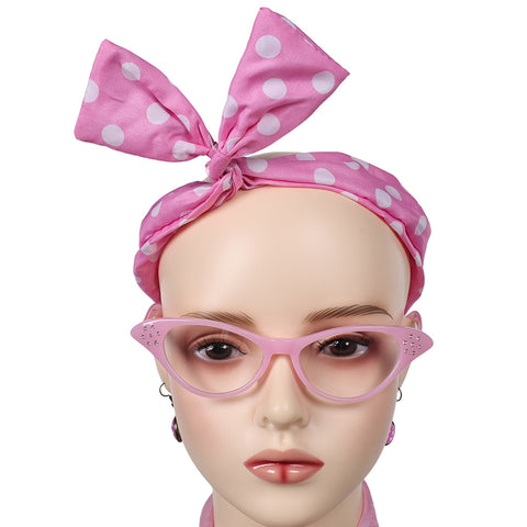 Womens Costume Accessories - 50s Chiffon Scarf Cat Eye Glasses Bandana Tie Headband Drop Dot Earrings eforpretty 1950's pink