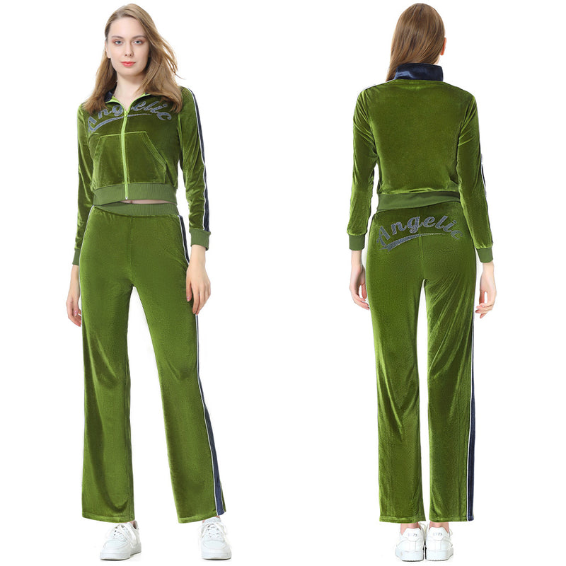 Y2K Cosplay Costume Silk Velvet Green Coat Pants Outfits Halloween Carnival Party Suit