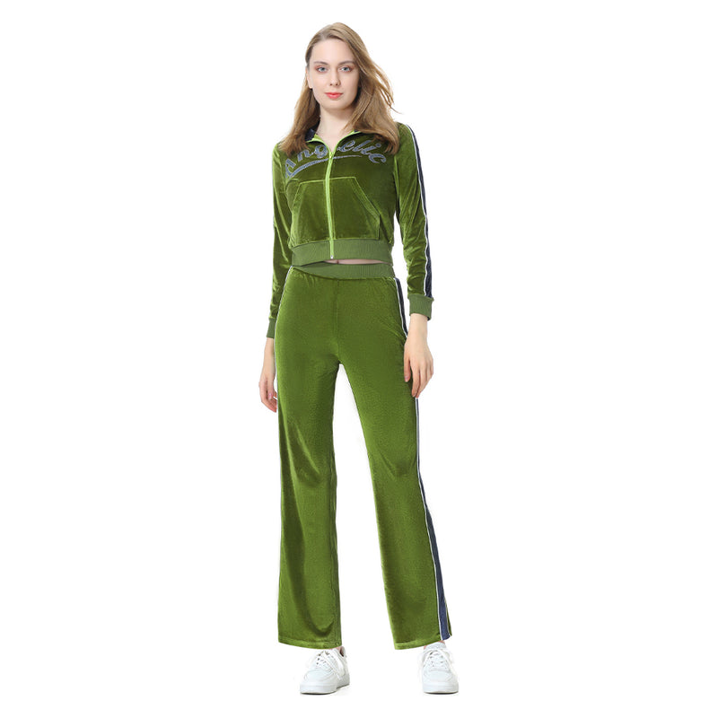 Y2K Cosplay Costume Silk Velvet Green Coat Pants Outfits Halloween Carnival Party Suit