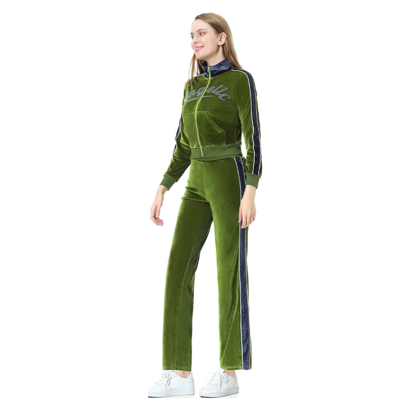 Y2K Cosplay Costume Silk Velvet Green Coat Pants Outfits Halloween Carnival Party Suit