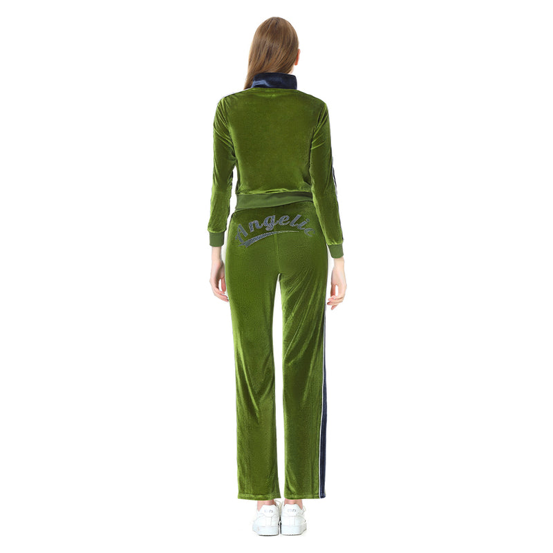 Y2K Cosplay Costume Silk Velvet Green Coat Pants Outfits Halloween Carnival Party Suit