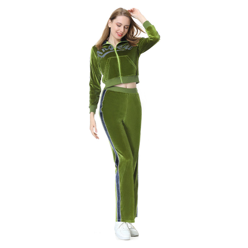 Y2K Cosplay Costume Silk Velvet Green Coat Pants Outfits Halloween Carnival Party Suit