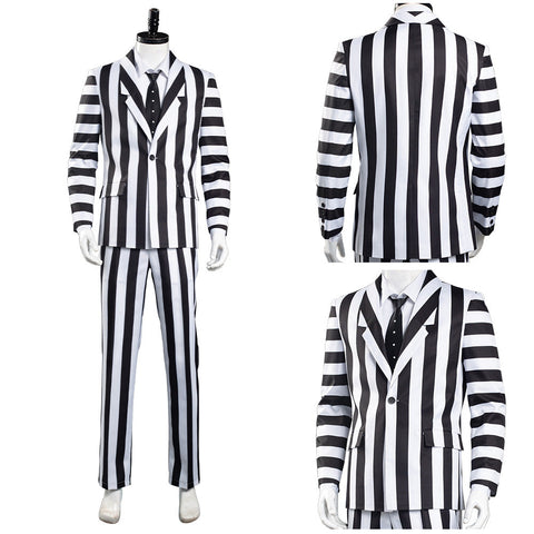 Beetlejuice Adam Men Black and White Striped Suit Jacket Shirt Pants Outfits Halloween Carnival Costume Cosplay Costume