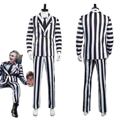 Beetlejuice Adam Men Black and White Striped Suit Jacket Shirt Pants Outfits Halloween Carnival Costume Cosplay Costume