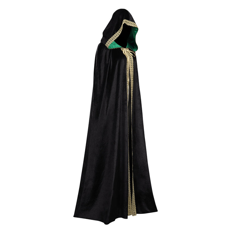 Witch Wizard Hooded Robe Cosplay Costume Black Velvet Lace Contrasting Color Cloak Outfits