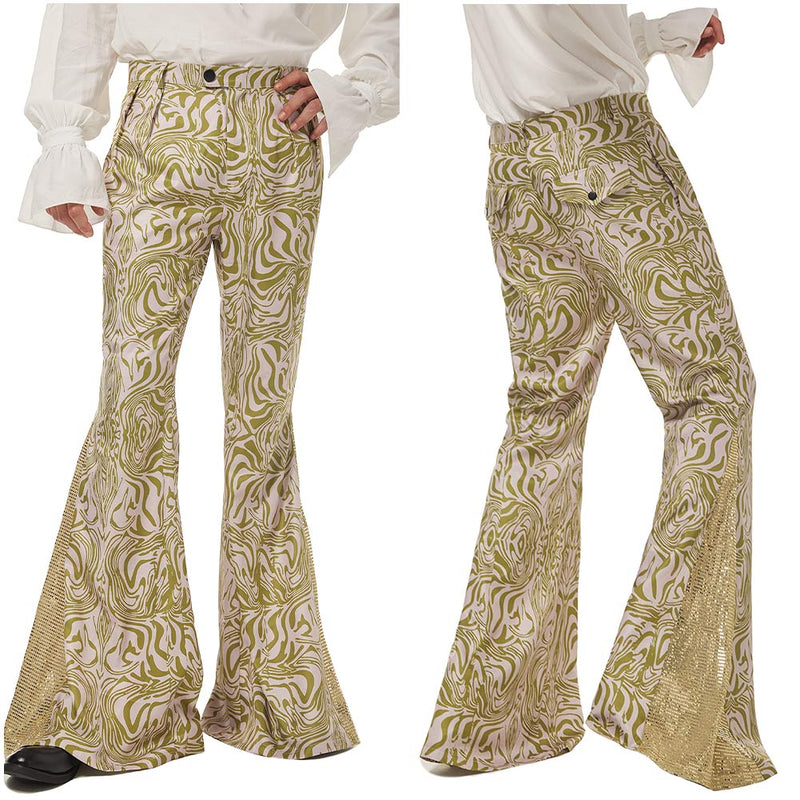 1970s Retro Vintage Disco Mid Waist Bell Bottom Super Flares  Printed Long Pants