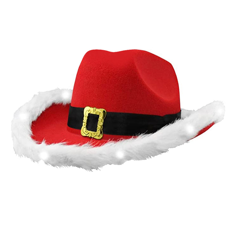 Santa Claus Party Christmas Luminous Cowboy Hat Western Red Felt Hats Wide Brim Cowgirl Hat Jazz Hat for Women Men