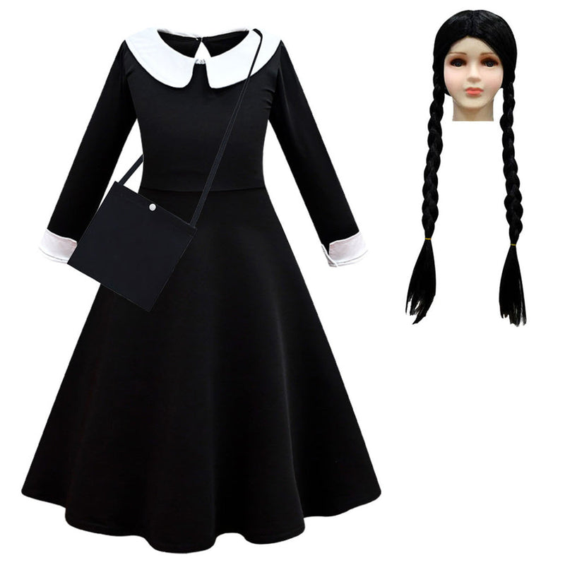 Kids Wednesday Addams Wednesday Cosplay Costume Dress Wig Outfits Halloween Carnival Party Suit