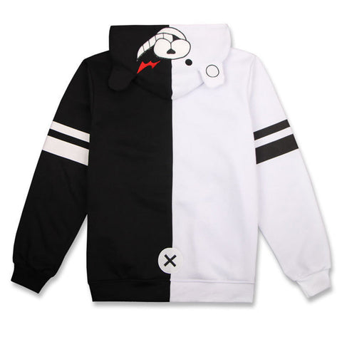 Unisex Danganronpa Monokuma Cosplay Hoodie with Ears Black White Bear Pullover Sweatshirt Outfit