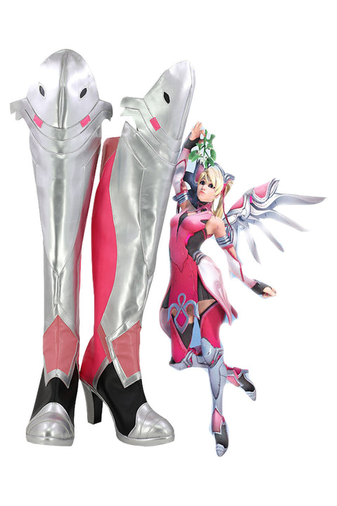 Overwatch Mercy Angela Ziegler Outfit Pink Mercy Skin Cosplay Shoes Boots