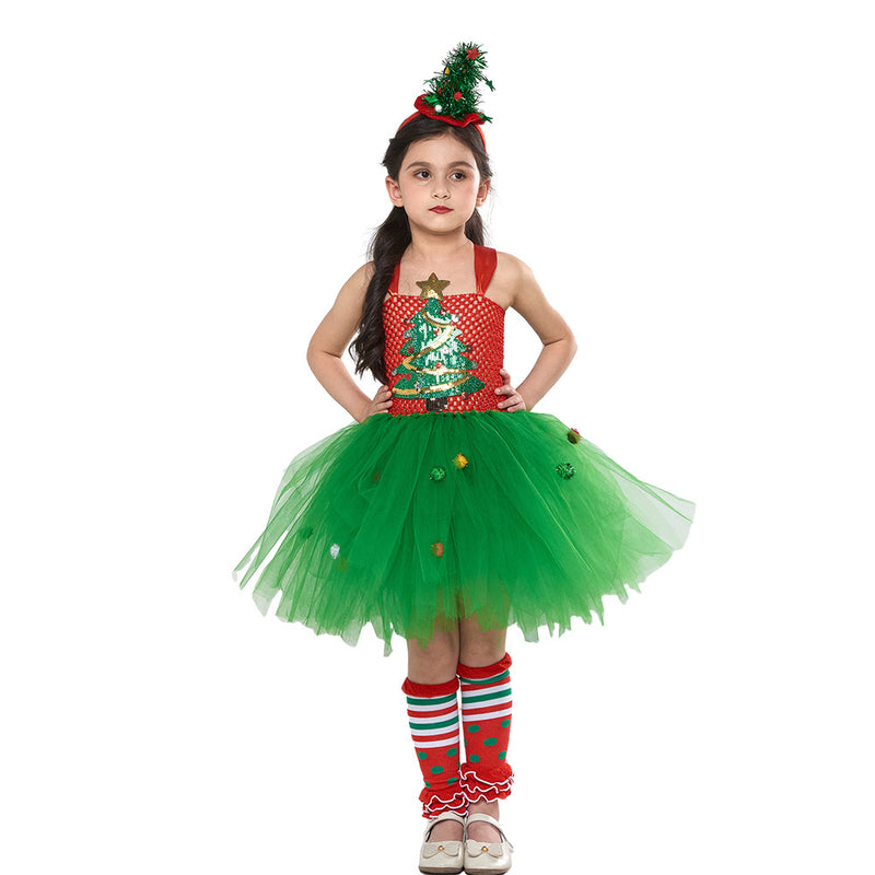 Girls‘ Christmas Tree Cosplay Kids Costume Outfits Halloween Carnival Suit